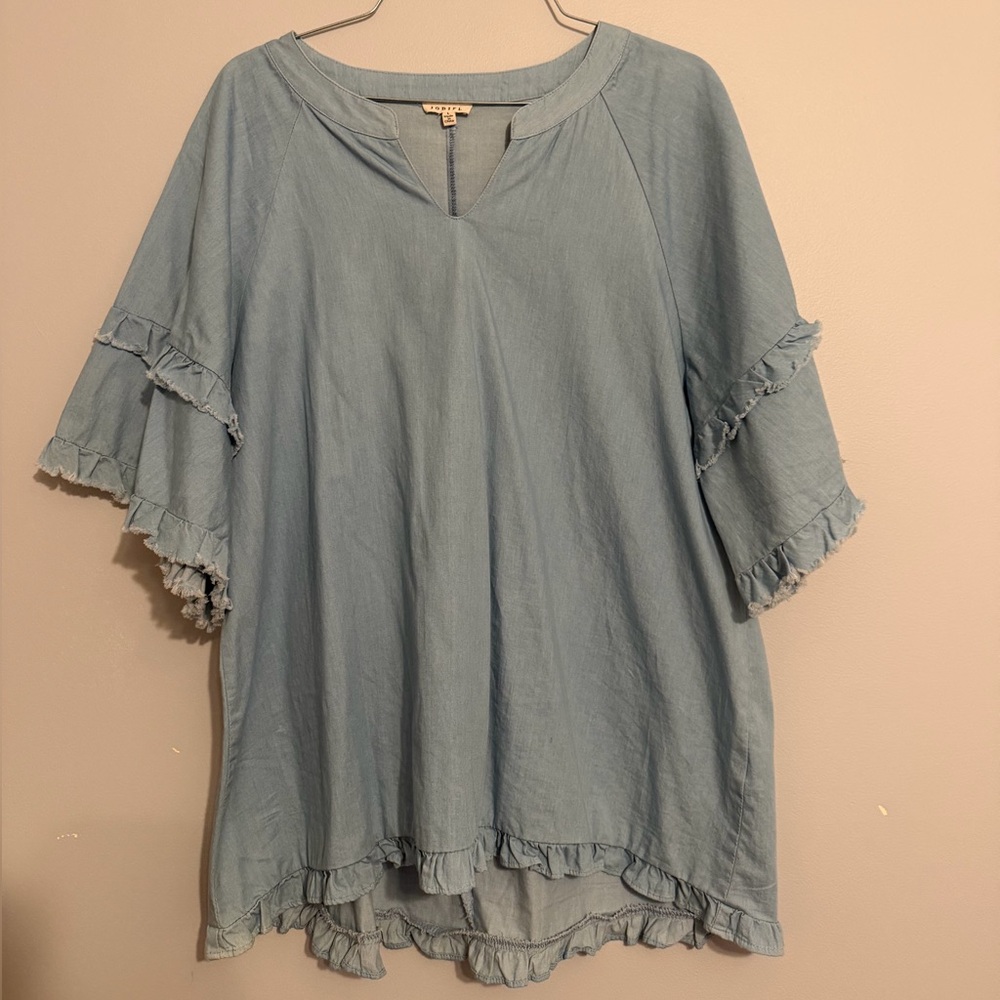JODIFL Light Blue Ruffle Sleeve Blouse